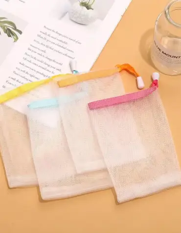 ถุงตาข่ายใส่สบู่ตีฟอง ถุงสบู่อาบน้ำตีฟอง 2 ชั้น มีเชือกผูก 4 ชิ้น